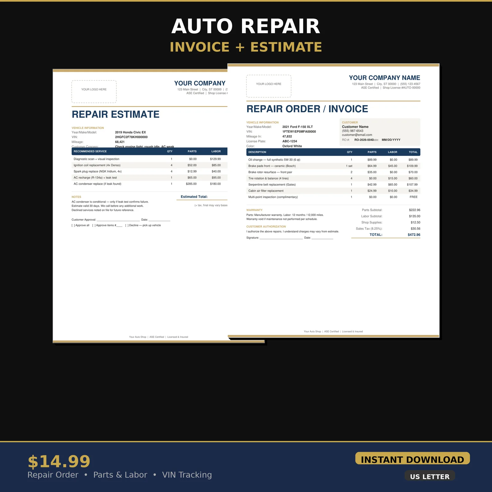 Auto repair invoice and estimate template preview